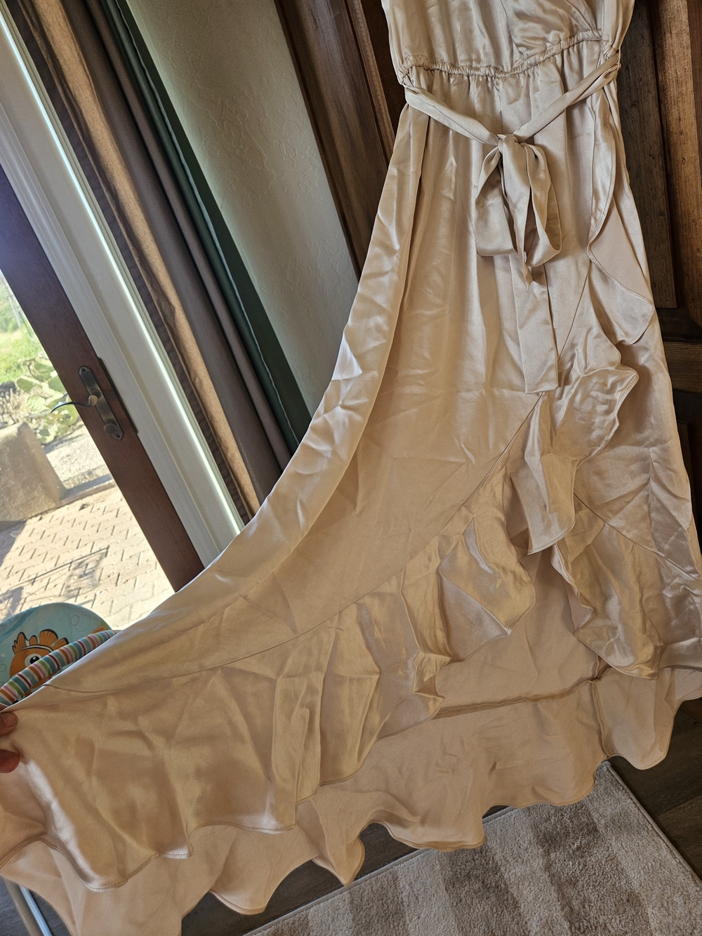 Skies Are Blue Champagne Satin Ruffle Wrap Maxi Dress - Picture 4 of 9